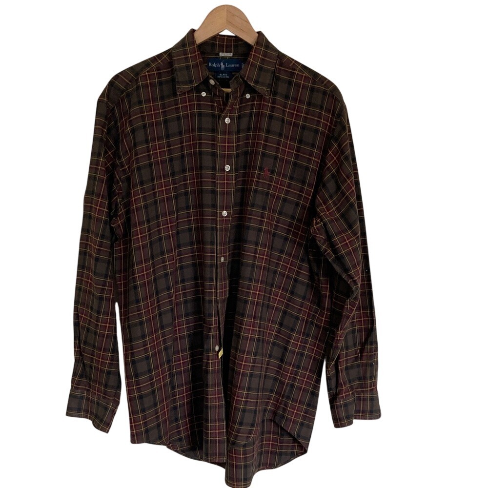 Ralph Lauren Men's Blake Button Down Plaid Shirt Size M Brown Red Pony Cotton